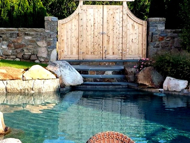 Huge beach style side yard stone and custom-shaped natural pool fountain photo