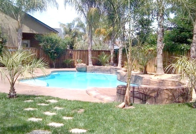 Large tropical backyard with custom-shaped natural pool and stamped concrete.