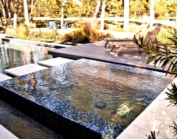 Image of a medium-sized, minimalist backyard infinity hot tub with decking